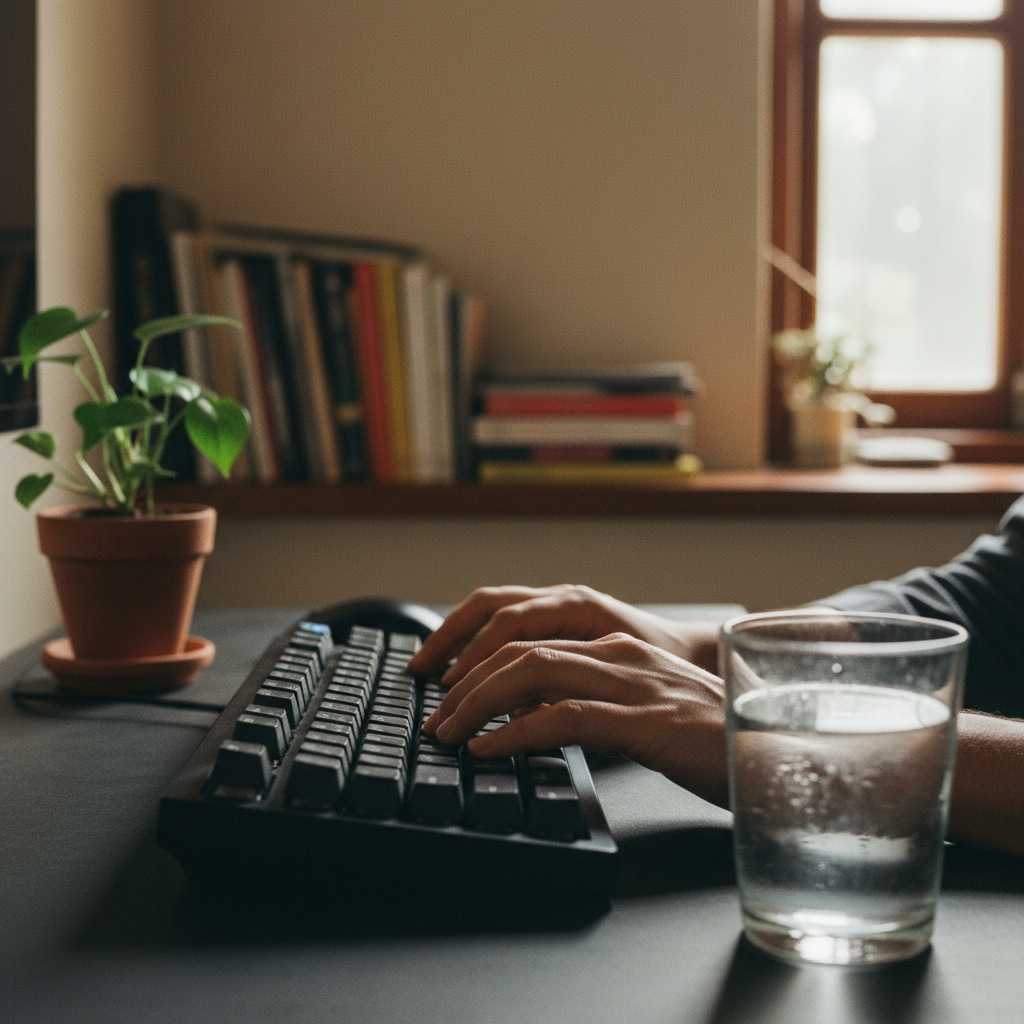 A close-up of a digital marketer's hands typing on a mechanical keyboard in a dimly lit office.