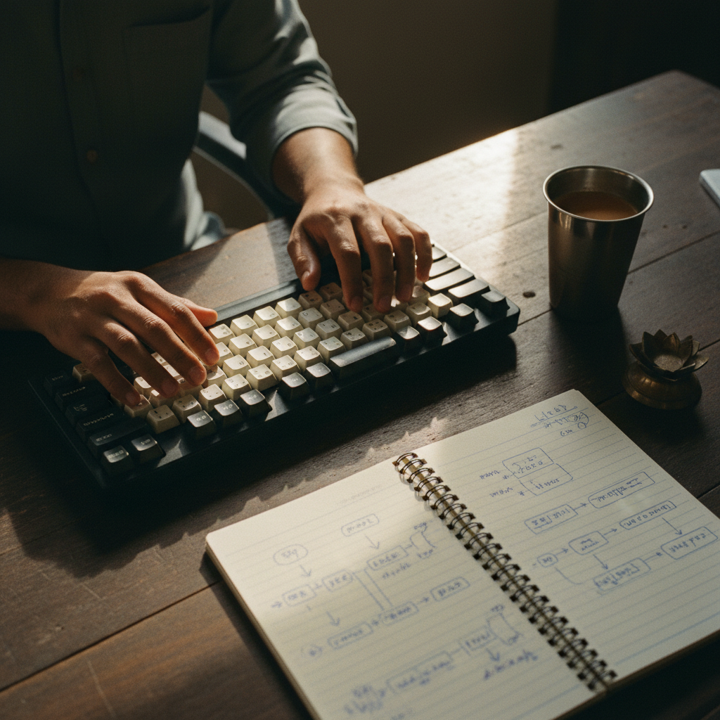 Close up of a programmer's hands typing on a mechanical keyboard with a notepad and a cup of chai nearby.