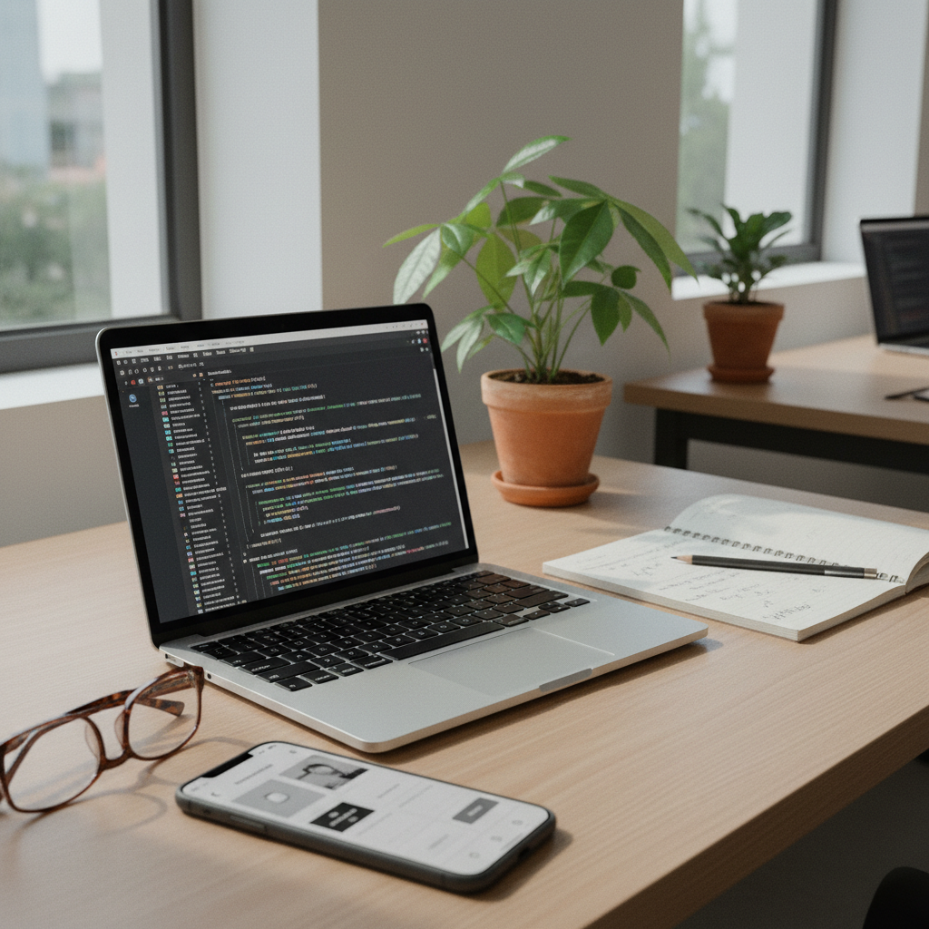 A minimalist workspace showing a laptop screen with lines of code and a smartphone displaying a shopping app.