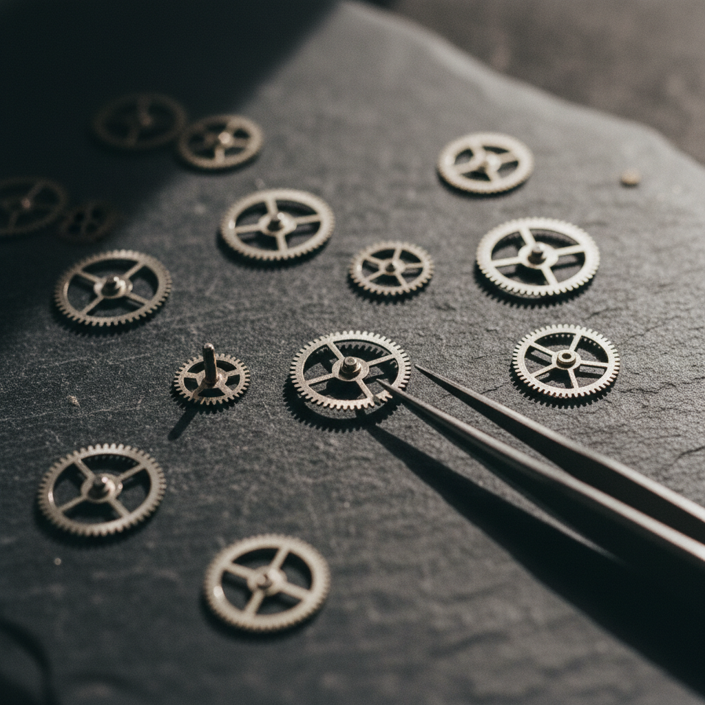 A set of assorted mechanical gears and a pair of jeweler's tweezers on a dark slate background.