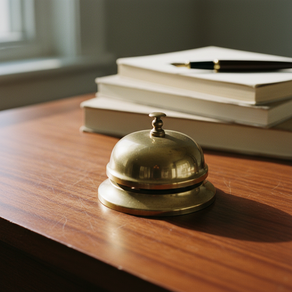 Close-up of a vintage brass desk bell on a polished dark wood surface with soft morning light.