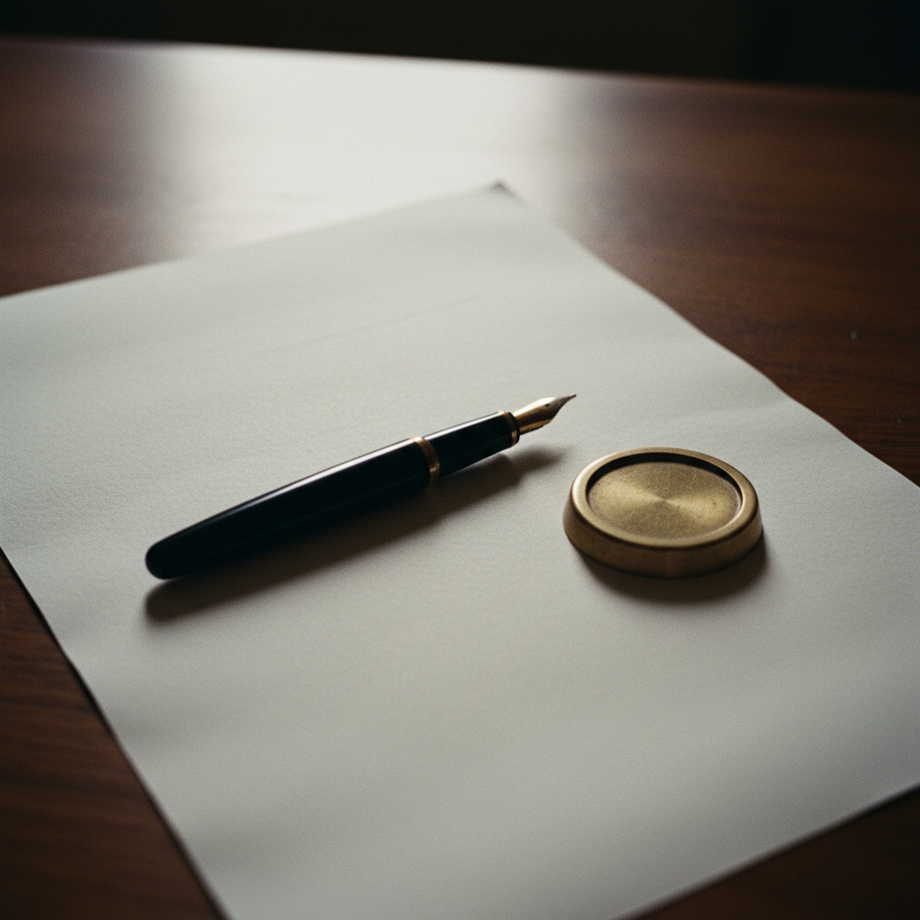 A close-up of a vintage fountain pen resting on a stack of thick legal documents on a dark wooden desk.