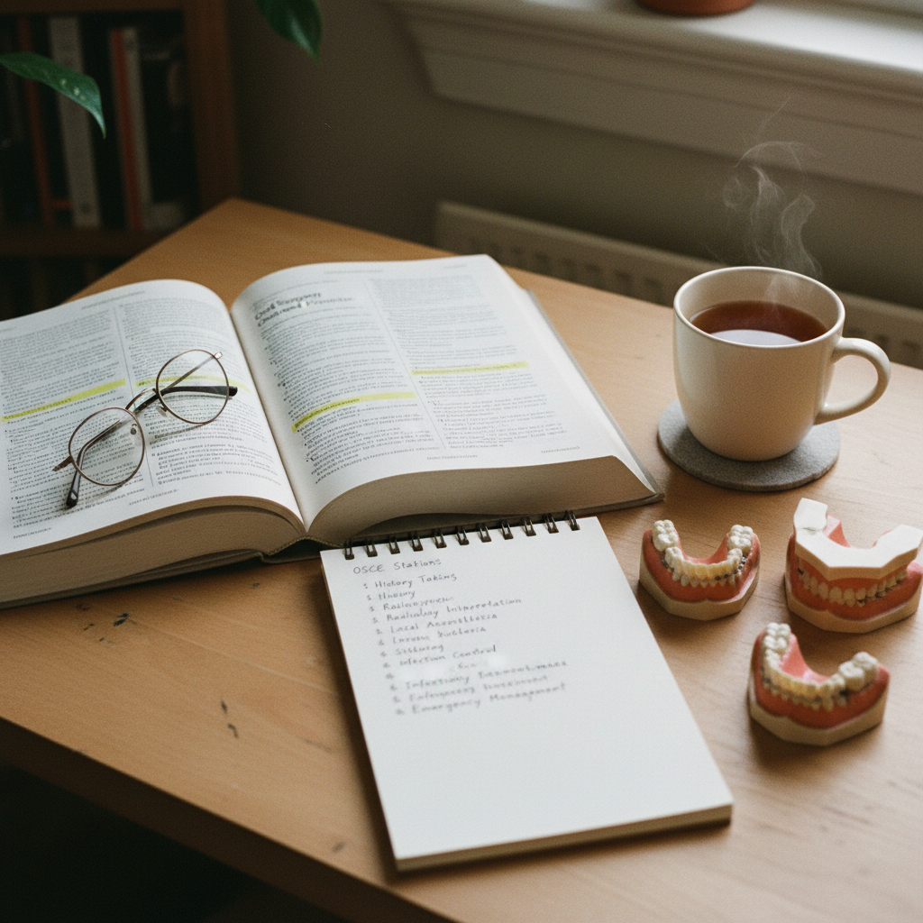 A stack of dental textbooks, a notebook with handwritten OSCE notes, and a set of upper and lower jaw models on a wooden study desk.