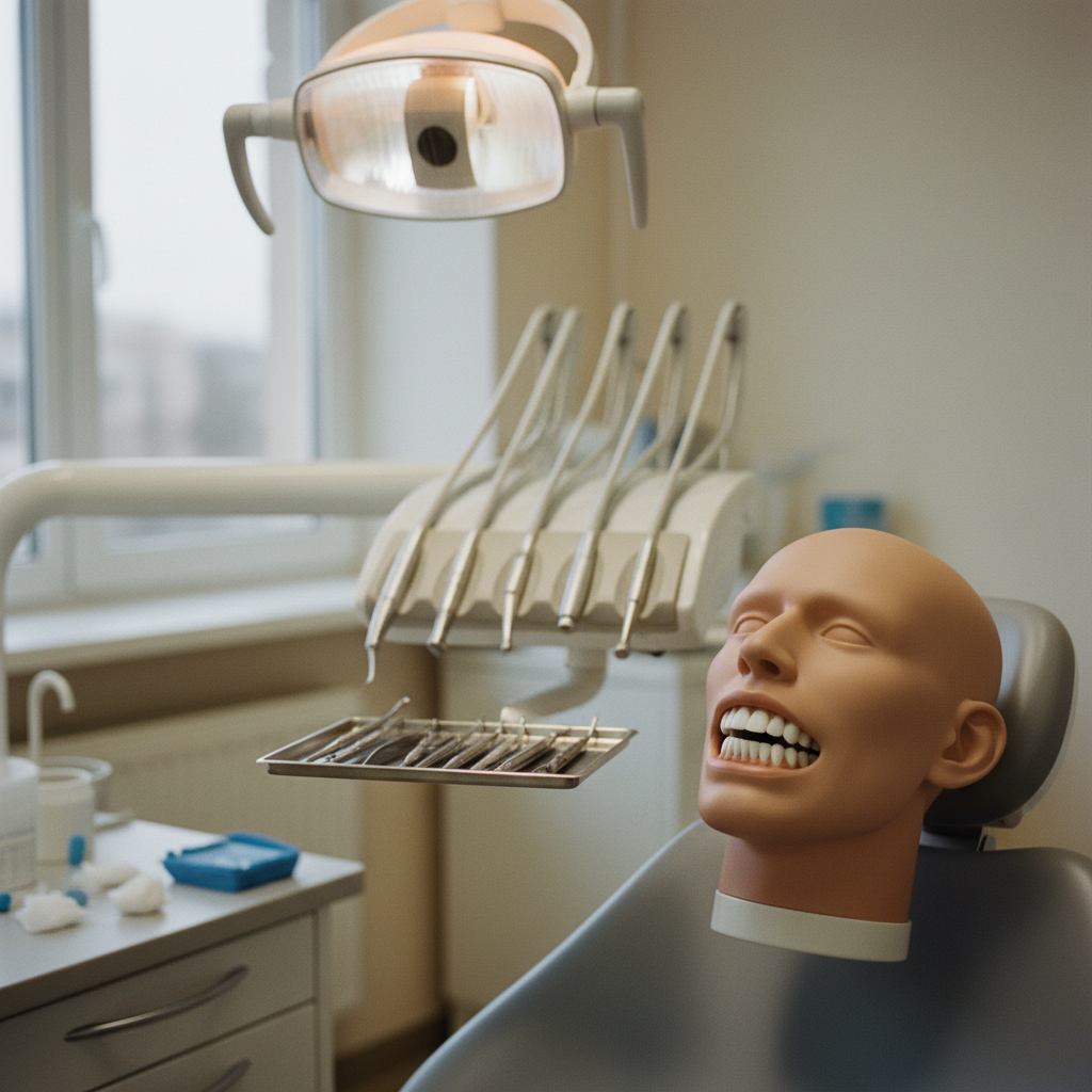A dental manikin head in a clinical training facility, used for practicing UK-standard procedures.