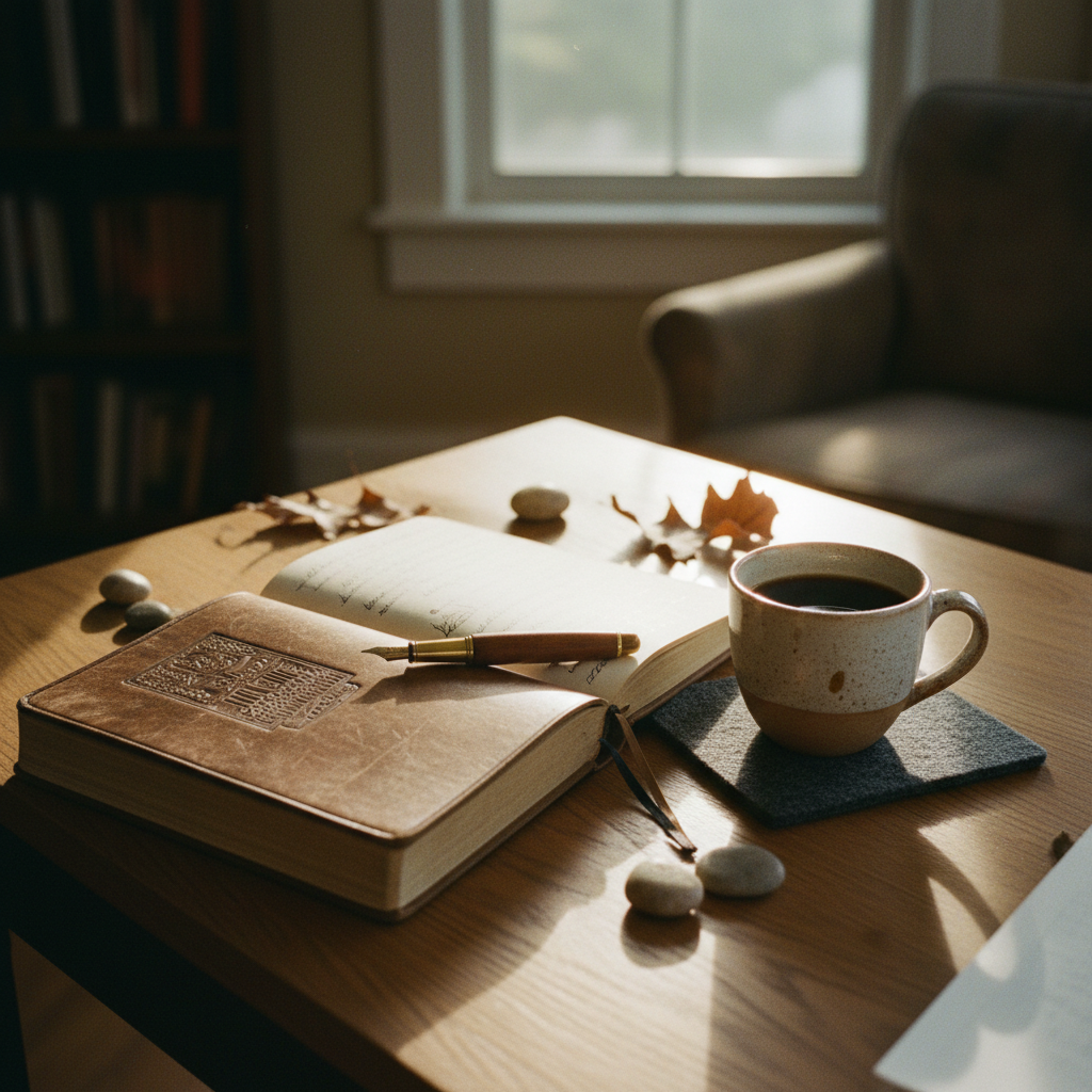 A vintage wooden desk with a leather-bound notebook and a classic fountain pen.