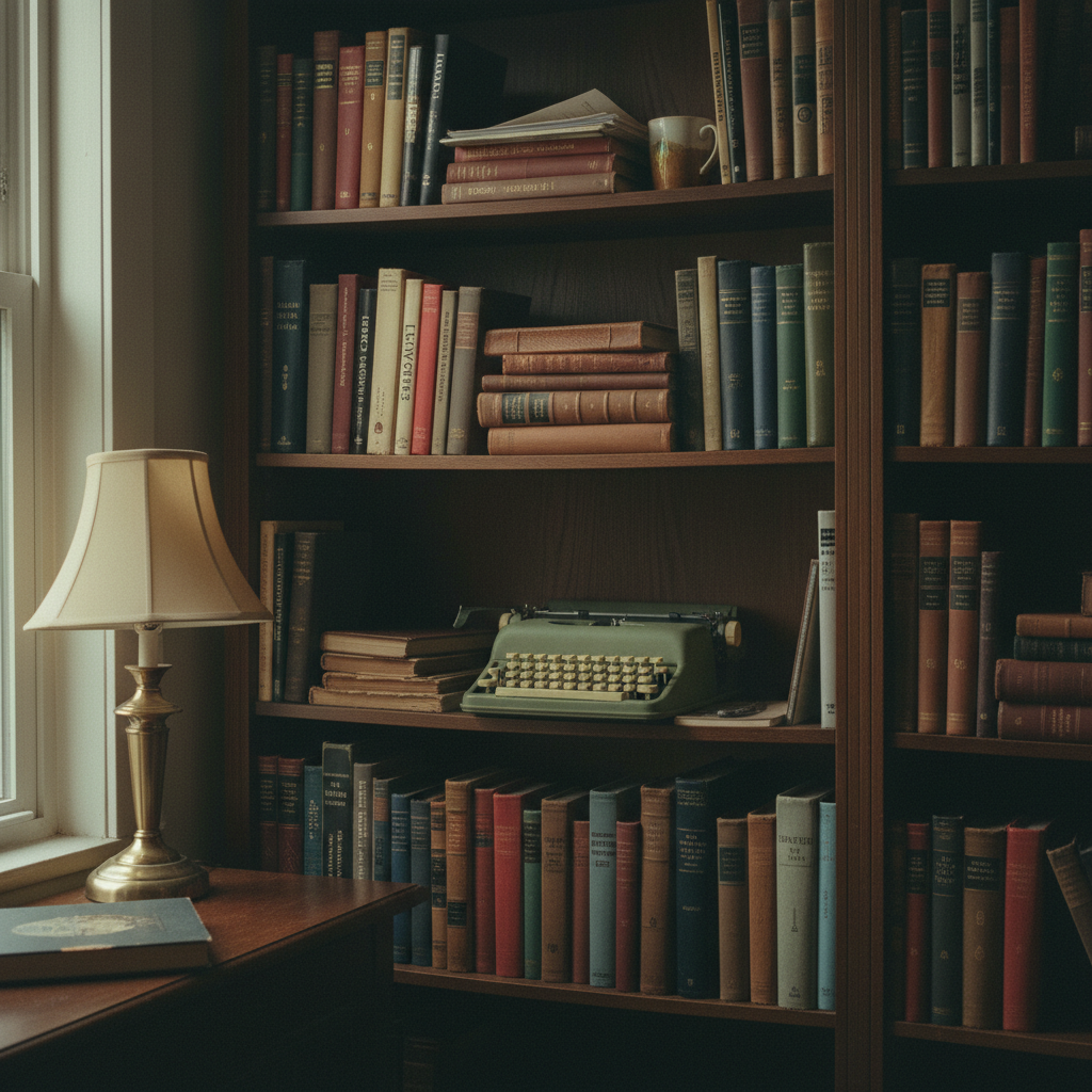 An organized library shelf with diverse books and a small manual typewriter.