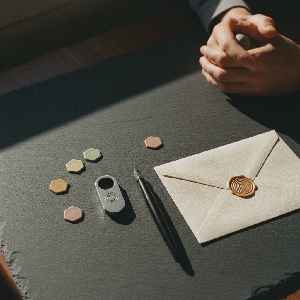 A heavy iron key resting on a leather-bound journal on a wooden table.