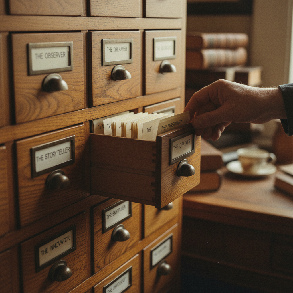 Close-up of a library index card drawer made of dark oak with small brass handles.