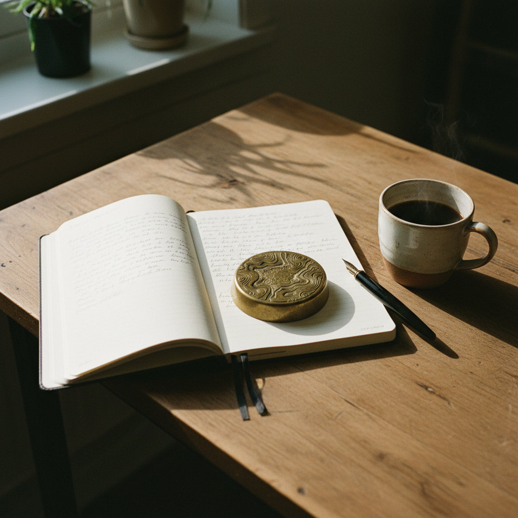 A high-angle shot of a desktop with a notebook, a heavy brass paperweight, and a half-full glass of water on a wooden surface.