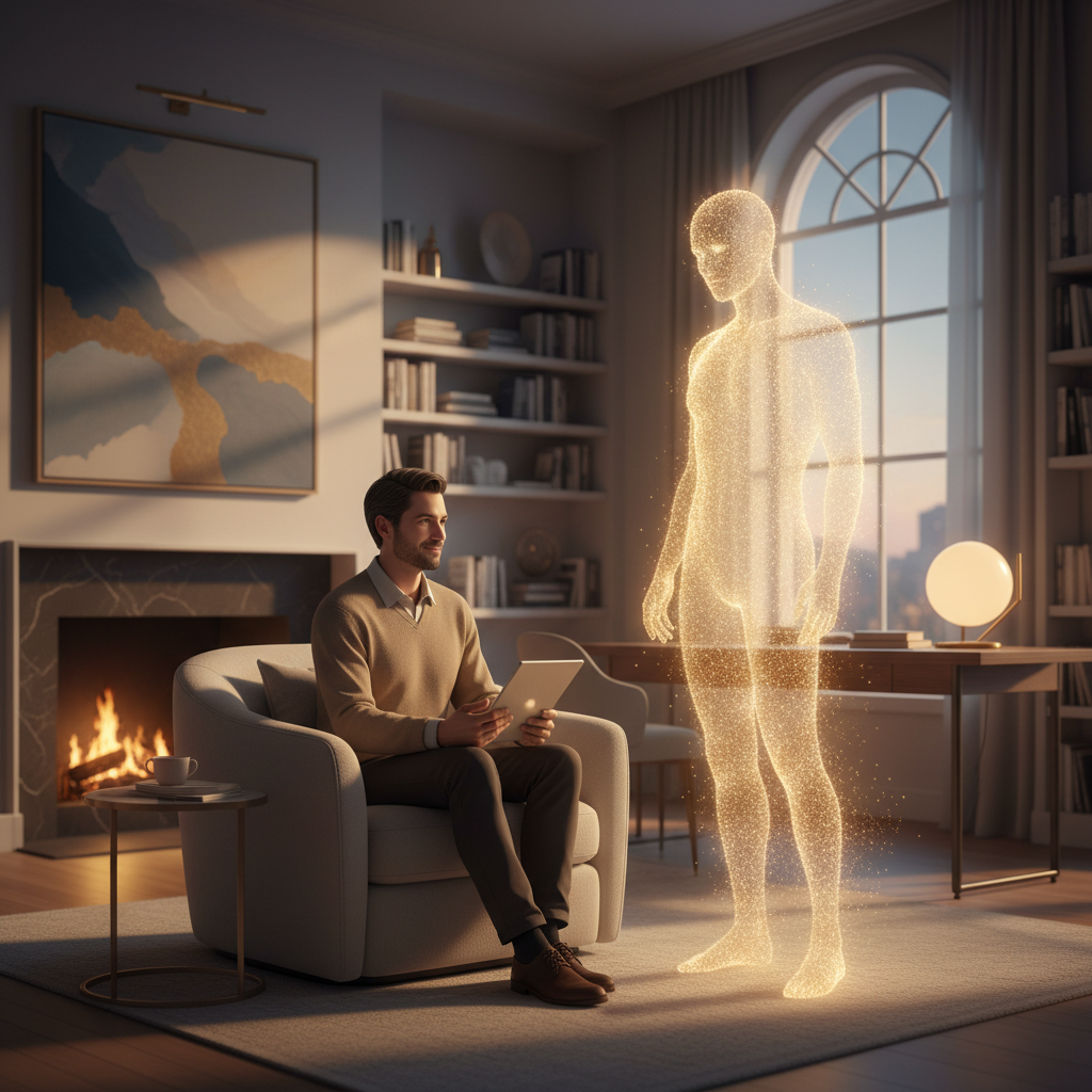 A warm, inviting digital space where a person is engaged in a deep conversation with a glowing, stylized humanoid silhouette representing a personality.