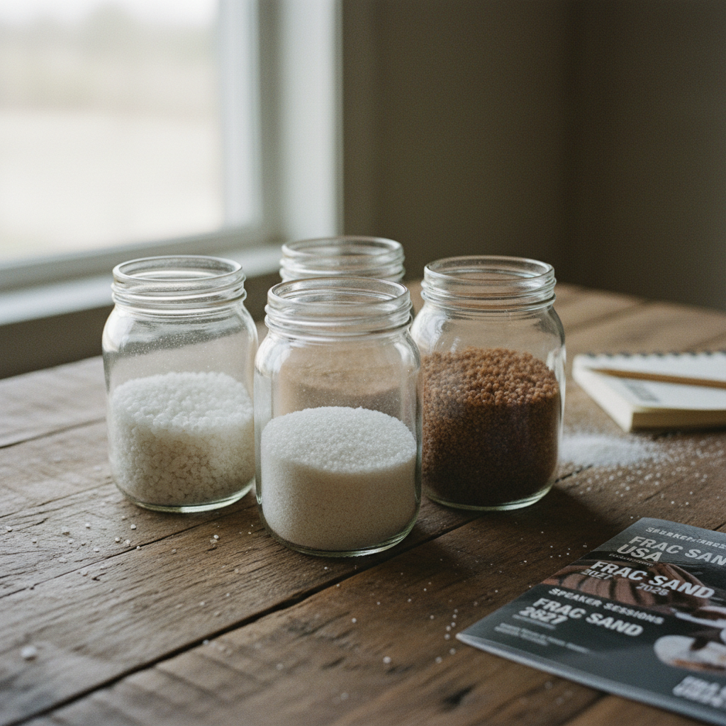 Close-up of industrial sand samples in clear glass jars on a wooden table.