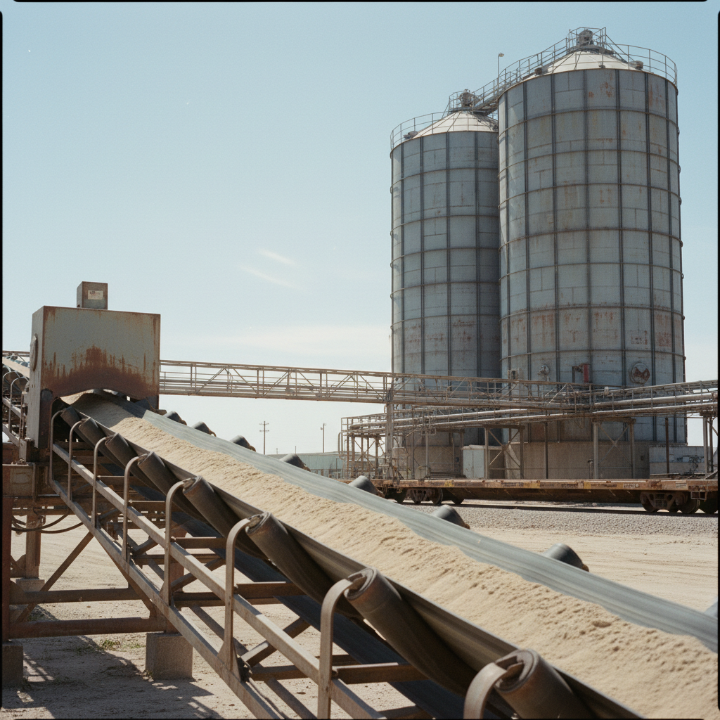 A heavy-duty conveyor belt at a frac sand processing facility moving dry sand.