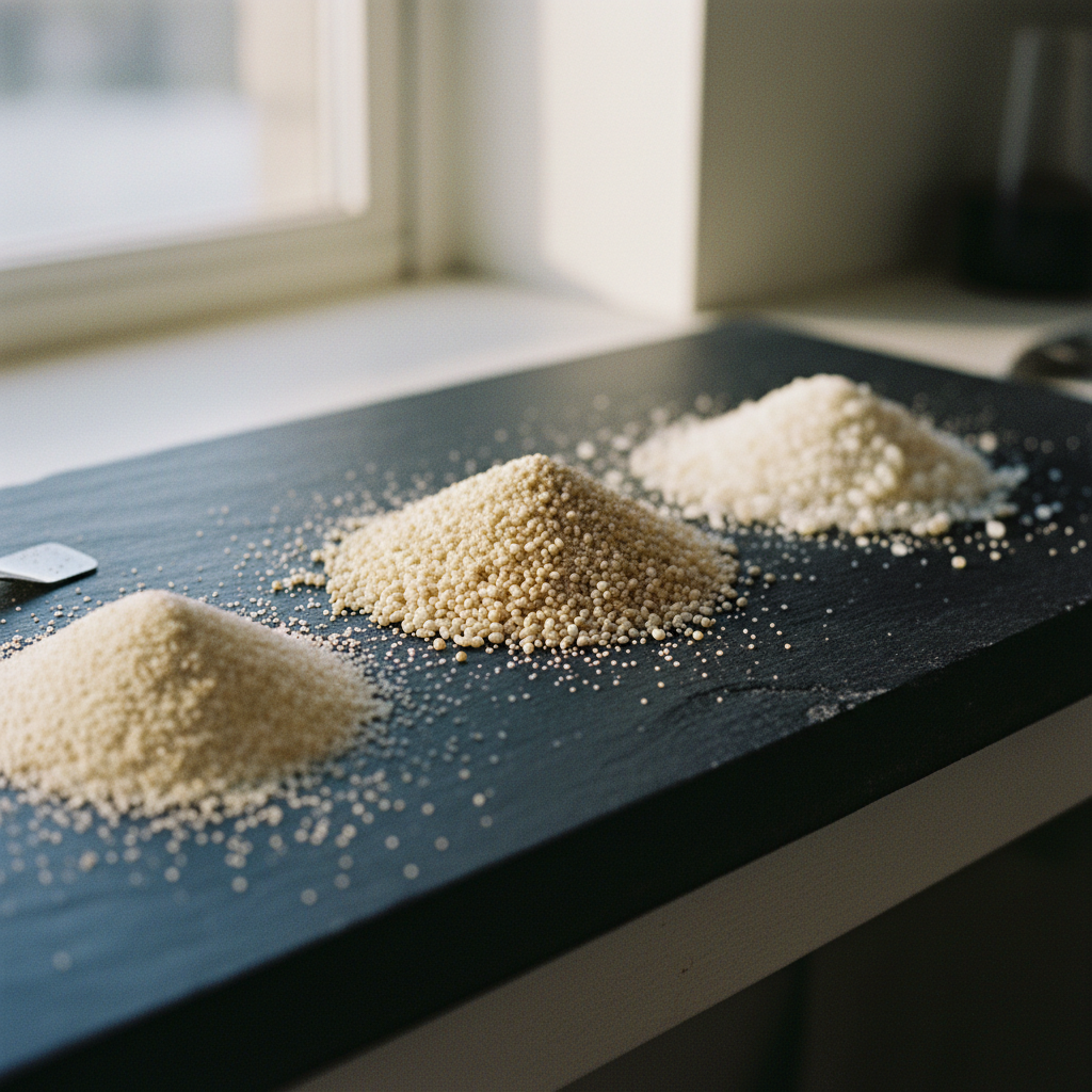 Macro photograph of different frac sand mesh sizes on a dark laboratory surface.