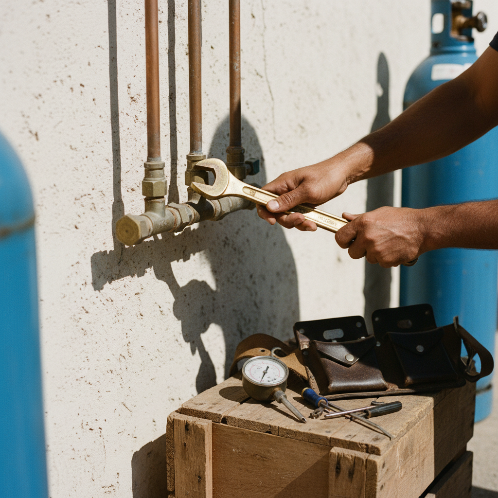 A technician installing a copper gas manifold system on an exterior wall.