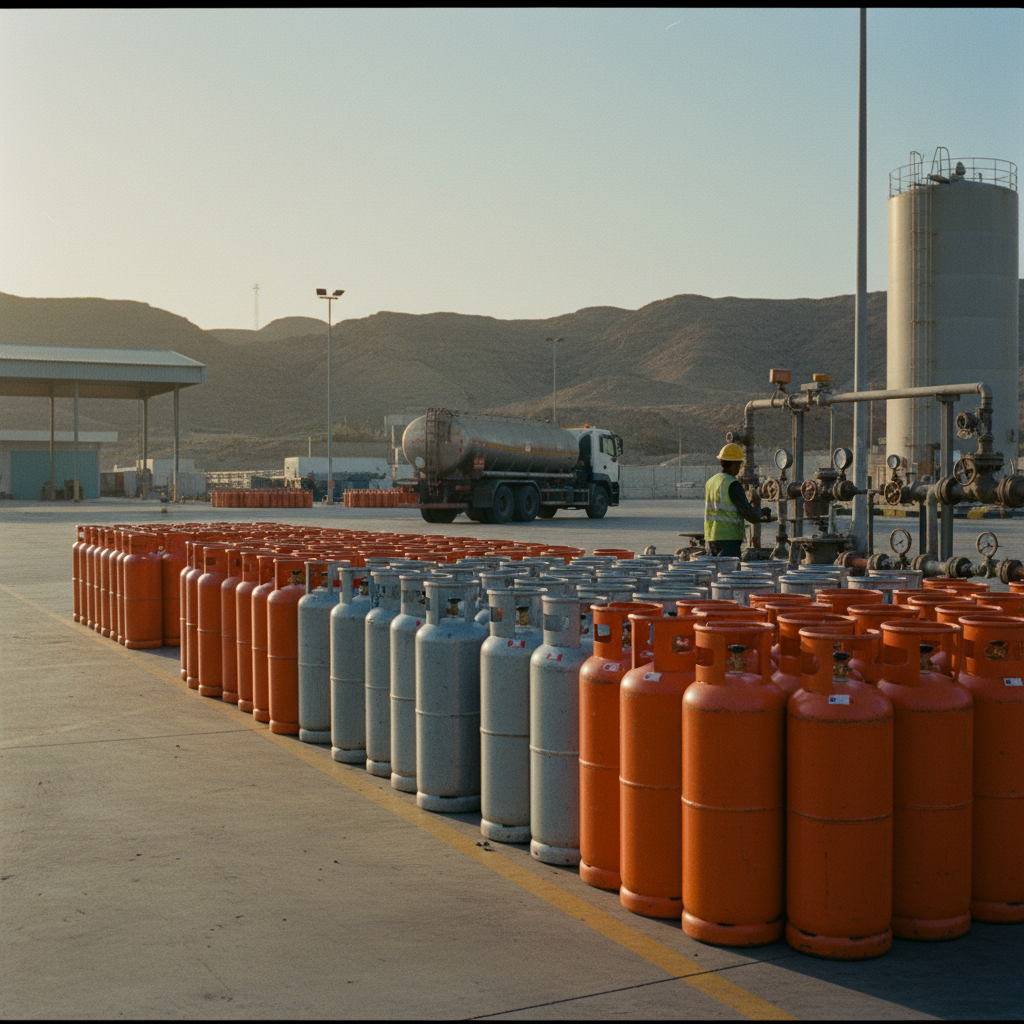 Row of stacked orange LPG cylinders at a distribution center during sunrise.