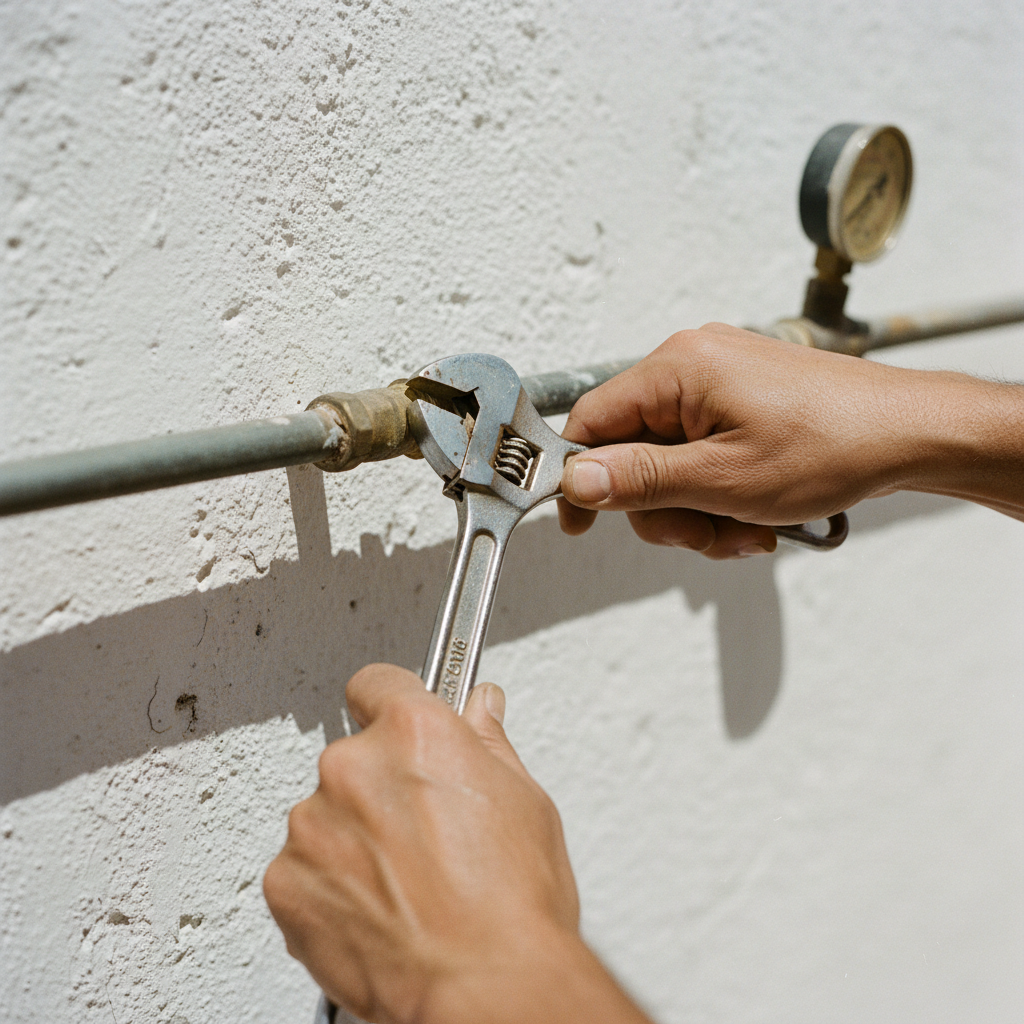 A technician's hands adjusting a brass gas regulator on a domestic installation.