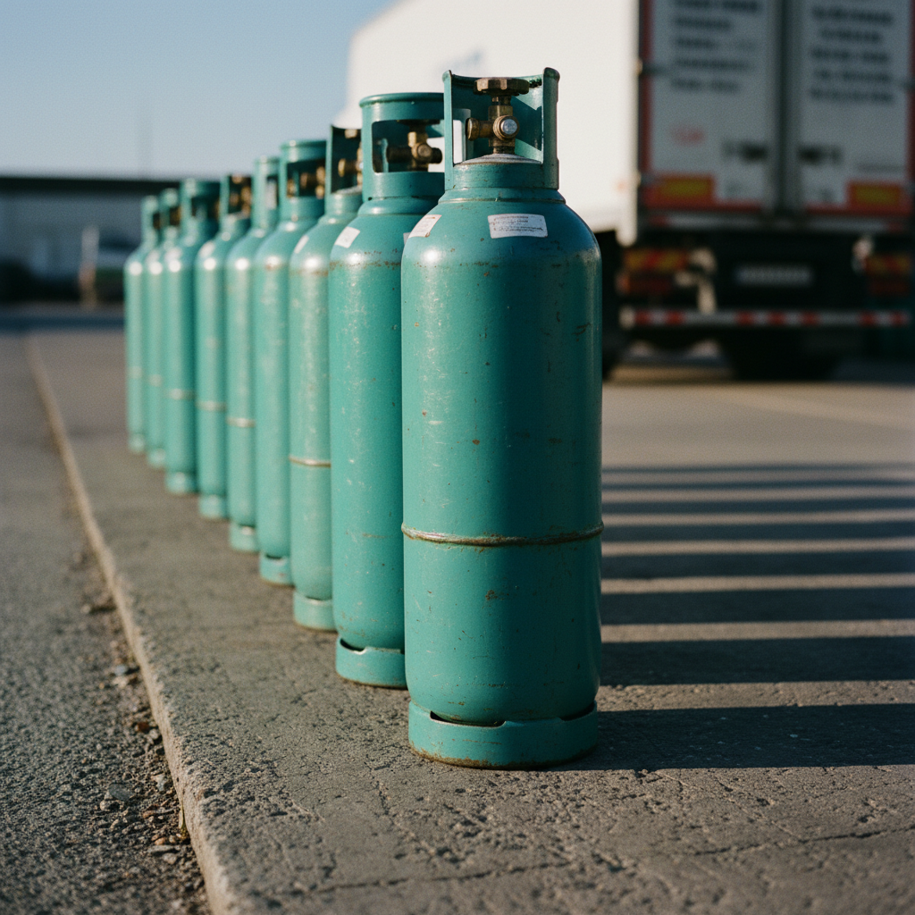 A row of teal LPG cylinders on a sunlit loading dock in Oman.