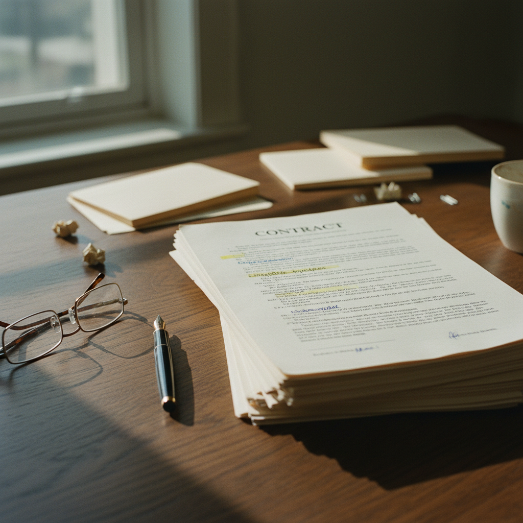 Close-up of a printed legal contract on a wooden desk with a black felt-tip marker resting nearby, soft morning light hitting the paper.