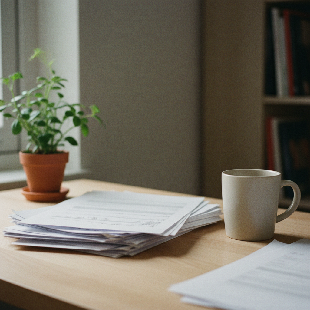 A clean, organized workspace featuring a stack of government-issued ID copies and a closed laptop on a minimalist desk.