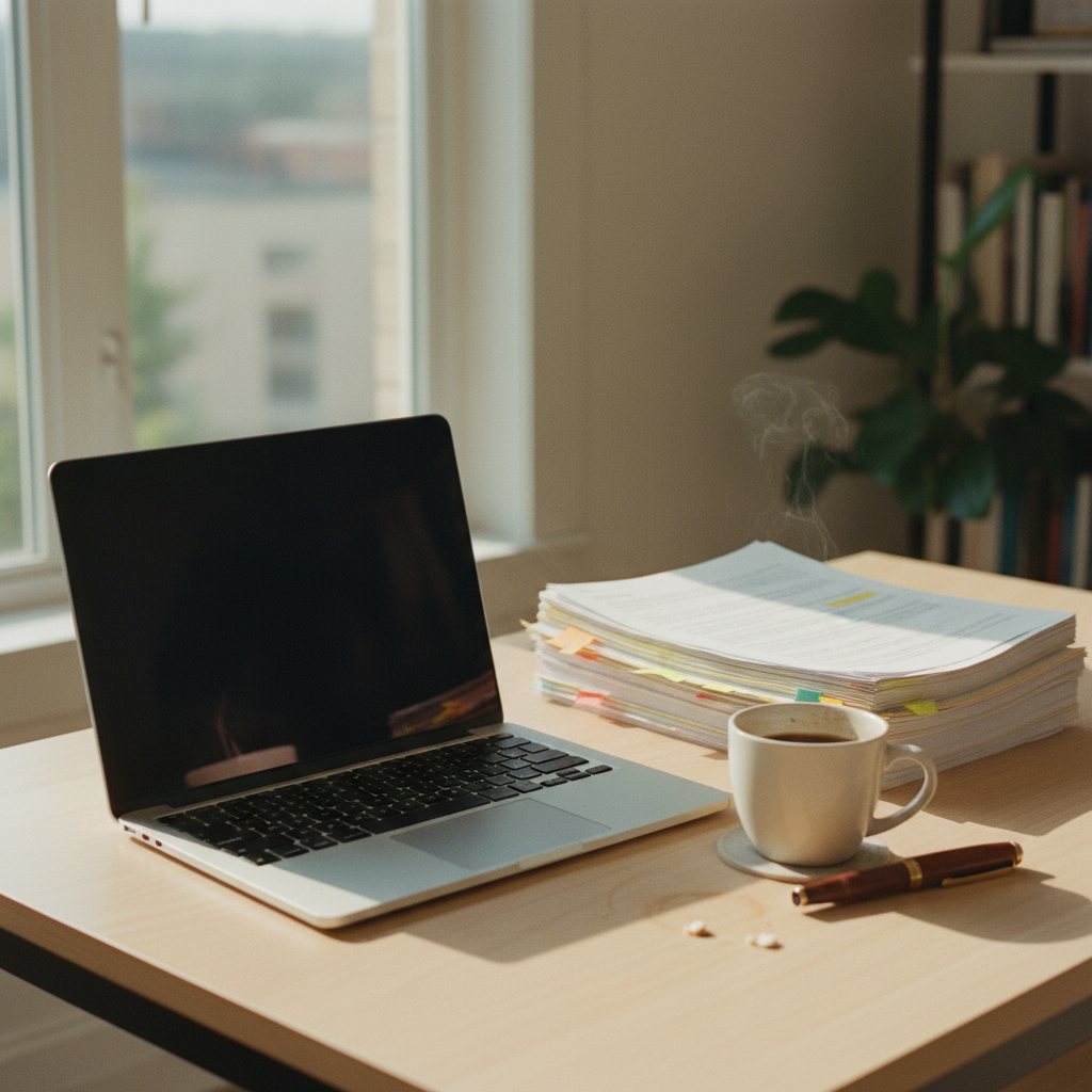 A high-quality close-up of a wooden desk with a printed research paper, a pair of glasses, and a professional laptop showing a document interface.