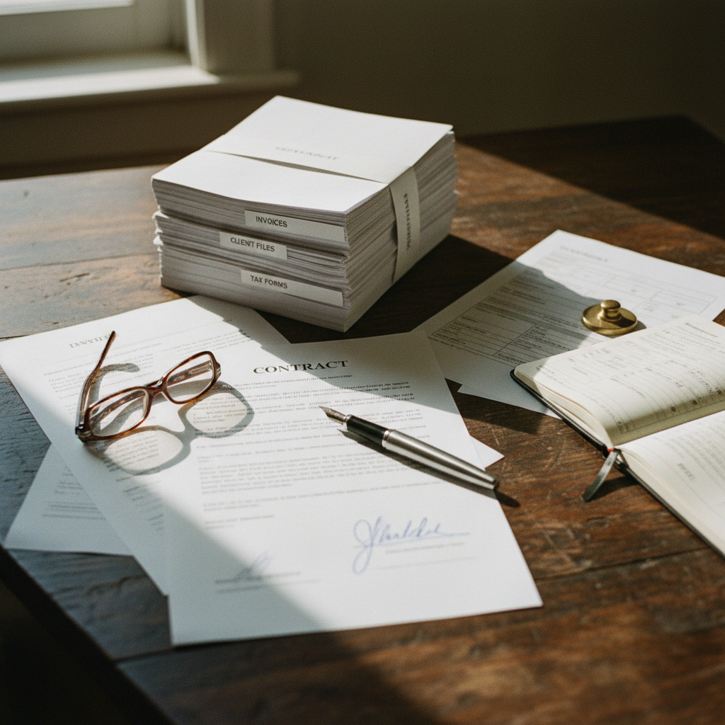 A top-down view of a minimalist wooden desk with a leather-bound notebook, a fountain pen, and a printed legal contract with a pair of spectacles resting on it.