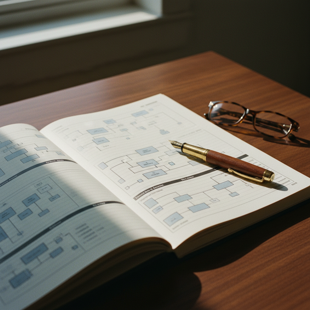A close-up of a thick technical audit report on a dark wood table with a fountain pen.