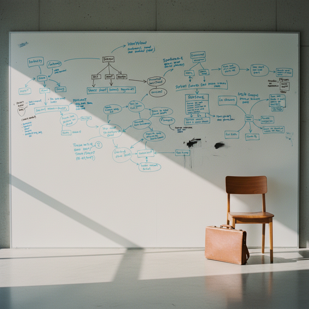 A whiteboard in a sunlit meeting room covered in complex workflow diagrams and logic flows.