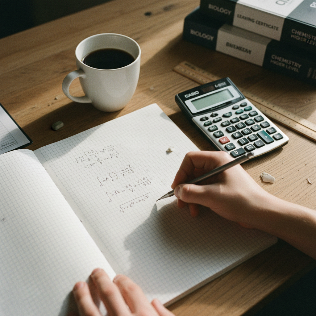 Close-up of a student's hand solving a complex calculus problem in a lined notebook with a wooden ruler and calculator nearby.