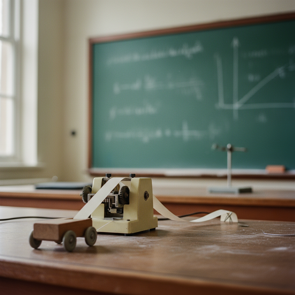 A detailed view of a physics experiment setup involving a ticker tape timer and a trolley on a wooden laboratory bench.