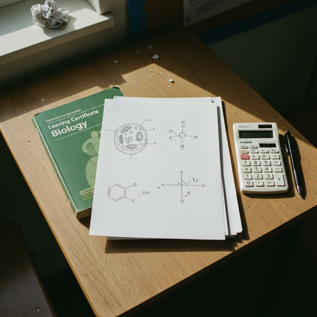 A wooden desk in a quiet room featuring a printed Leaving Certificate biology textbook, a scientific calculator, and a handwritten study schedule under soft morning light.