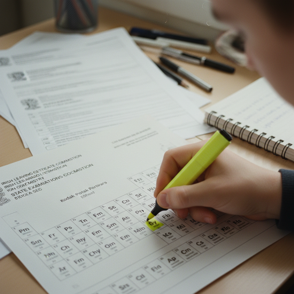 A student's hand marking a periodic table with a highlighter, surrounded by chemistry past papers and a notebook.