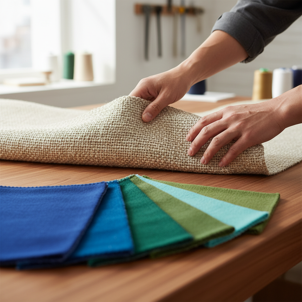 Close up of moisture-resistant upholstery fabric being handled.
