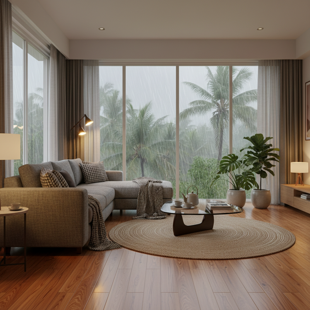 Traditional Mangaluru living room during a heavy rainstorm with a high-quality sofa near a window.