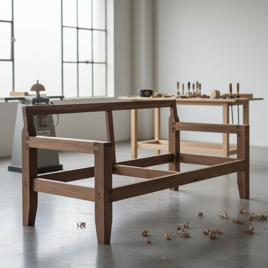 A sofa frame made of sturdy dark wood showing the grain.