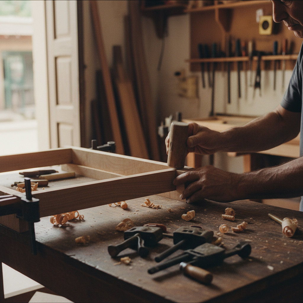 Traditional mortise and tenon joinery on a wooden sofa frame being assembled by hand.