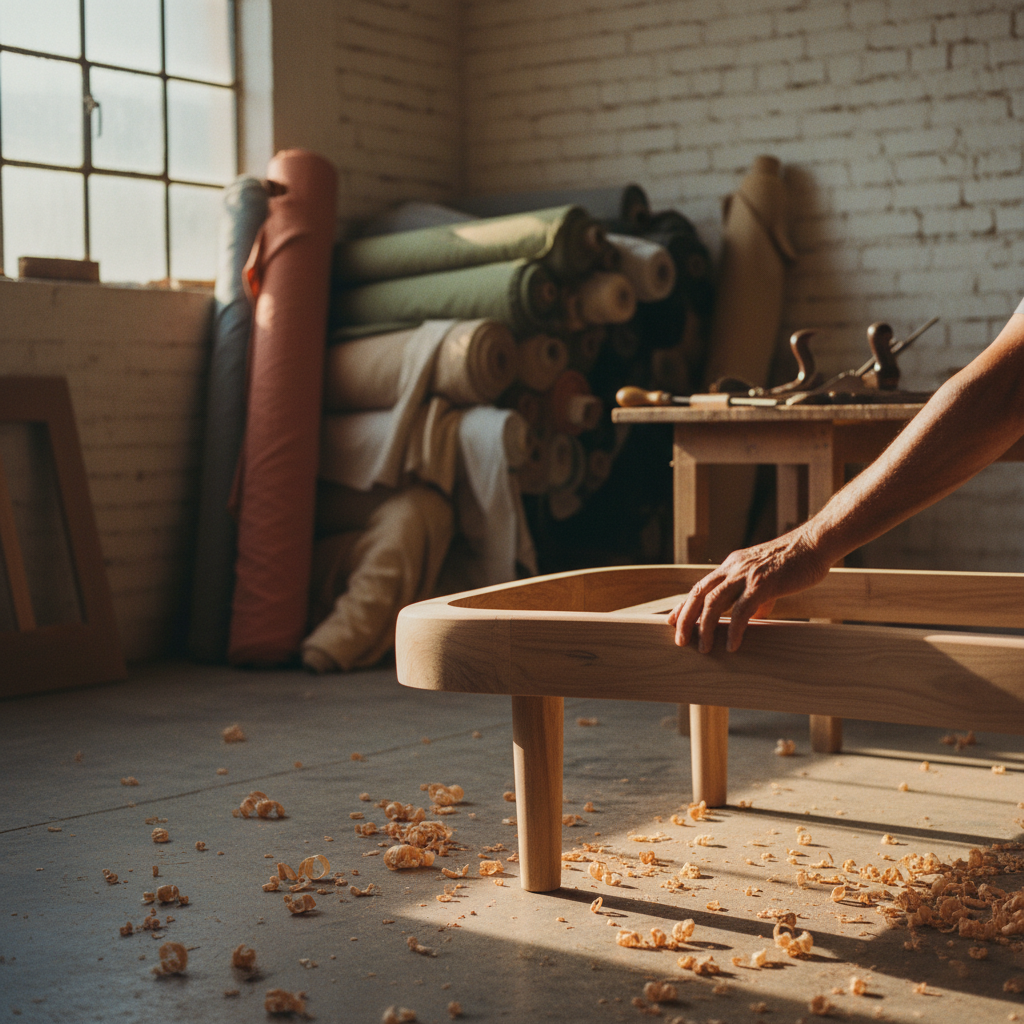 A close-up view of a curved sofa under construction in a workshop.