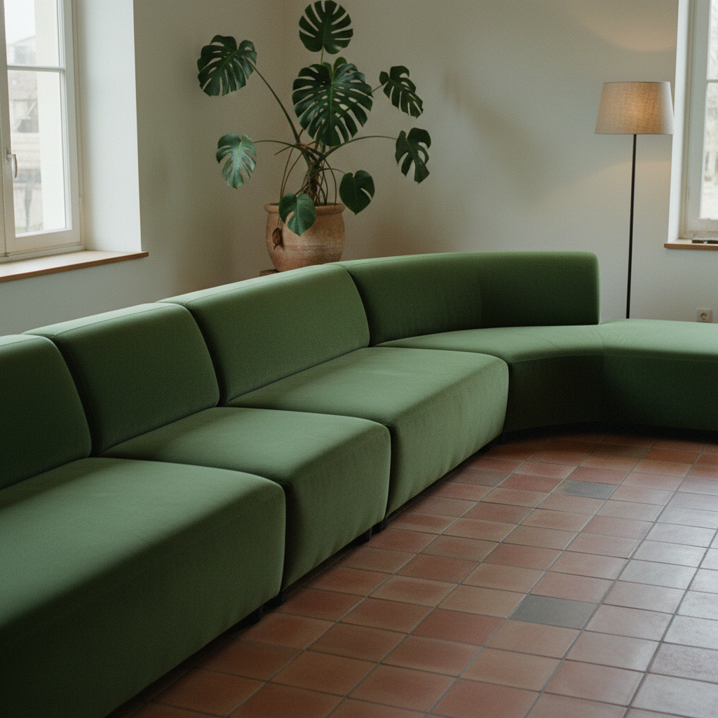 A deep emerald velvet curved sofa in a contemporary living room.