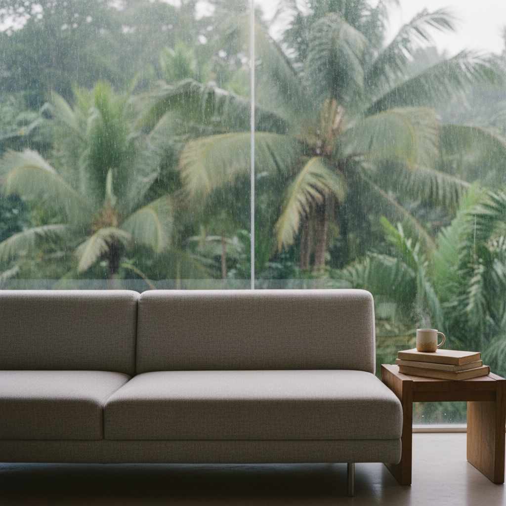 A finished custom sofa in a coastal interior with large windows showing a rainy tropical garden.