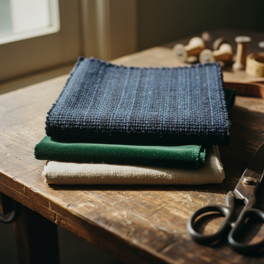 A close-up of high-quality upholstery fabric swatches in earthy tones resting on a dark teak wood surface.
