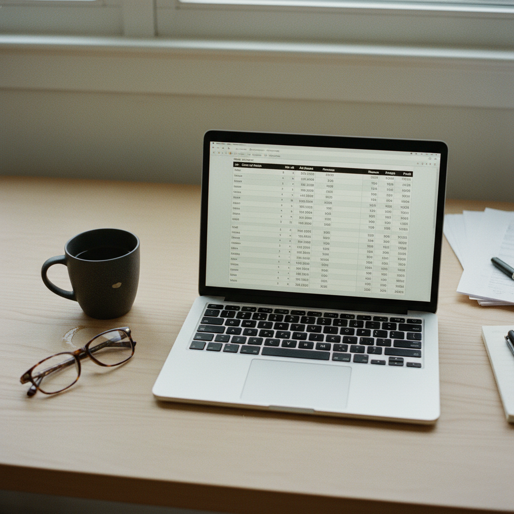 A laptop screen showing a complex spreadsheet with financial data next to a cup of coffee.