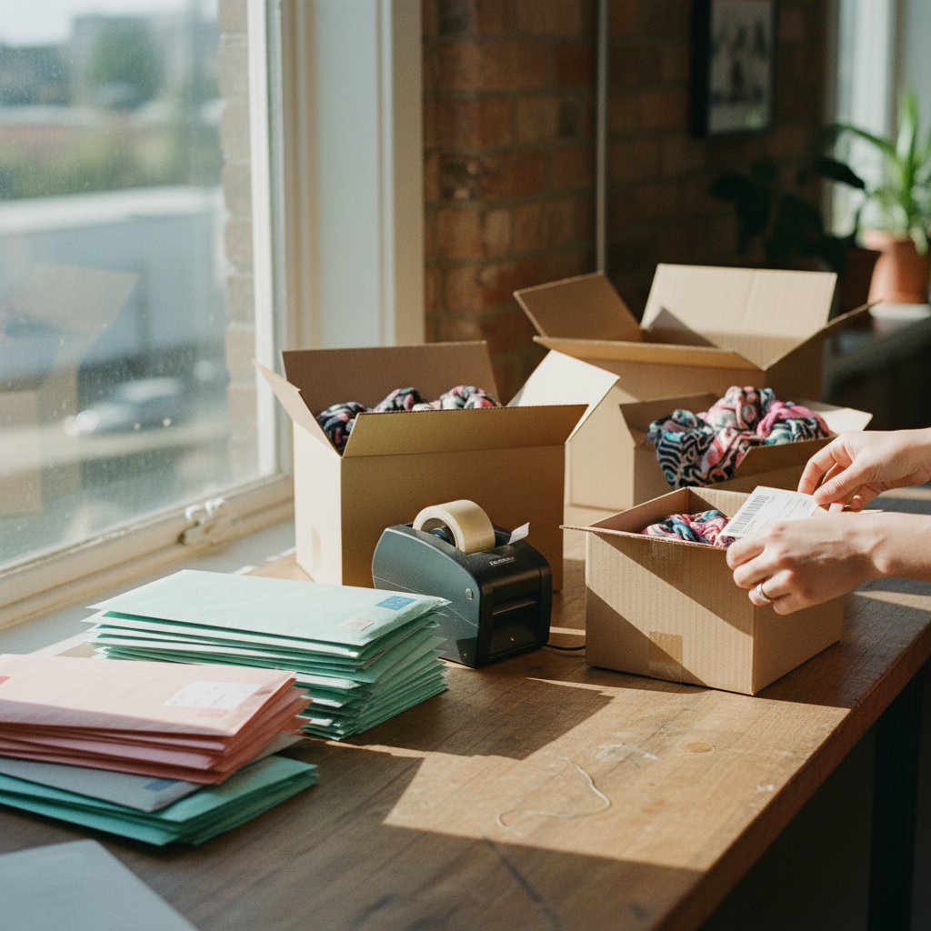 A small business owner in a home office packing several parcels with shipping labels on a wooden desk.