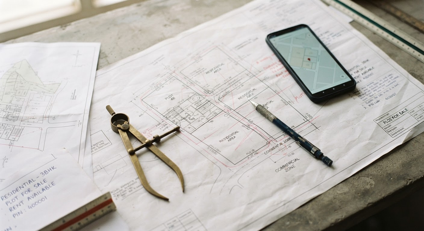 Urban planning blueprints and architectural survey maps laid out next to a mobile property search application