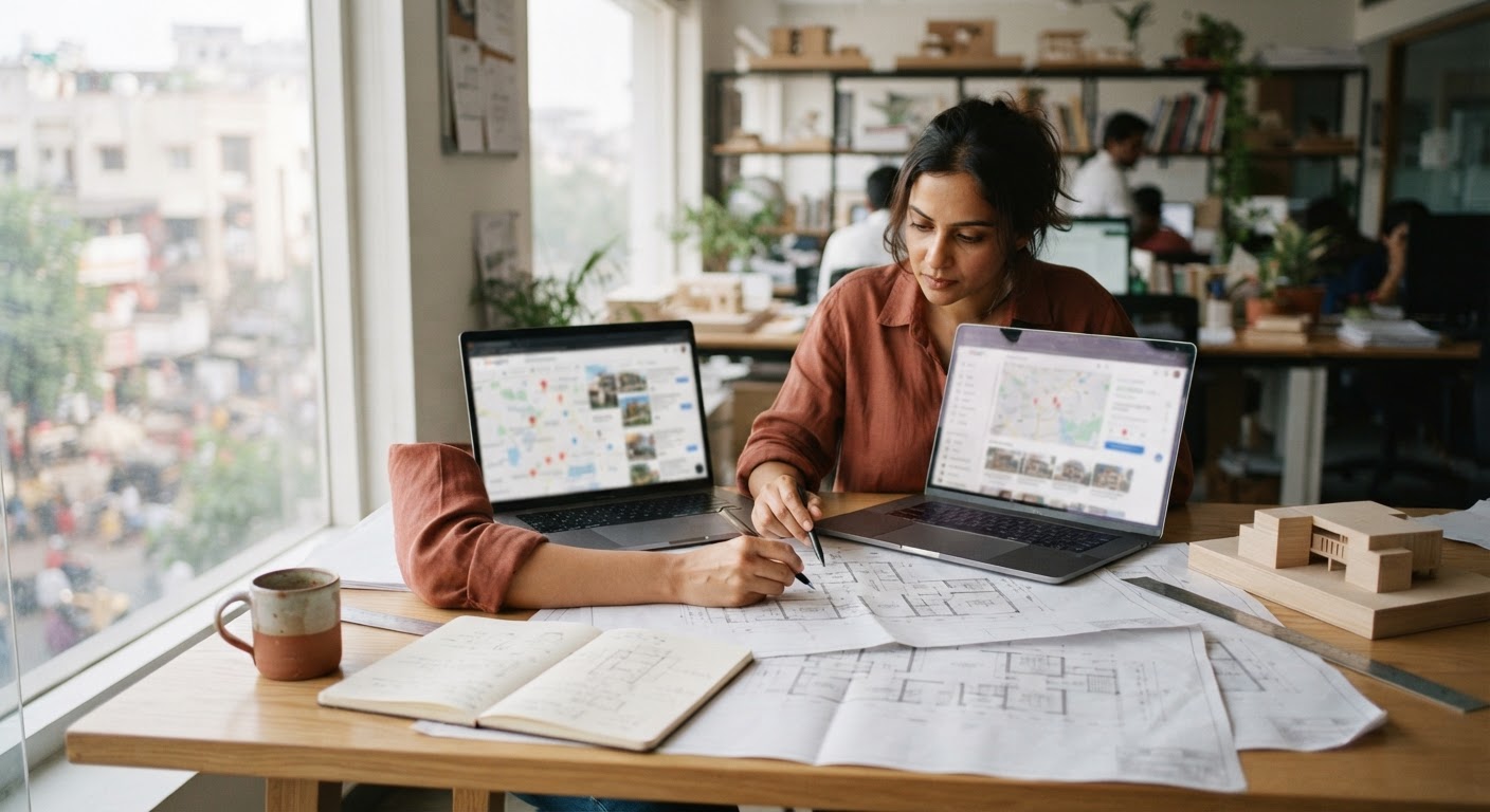 Real estate professional reviewing digital property listings on a laptop at a modern wooden office desk