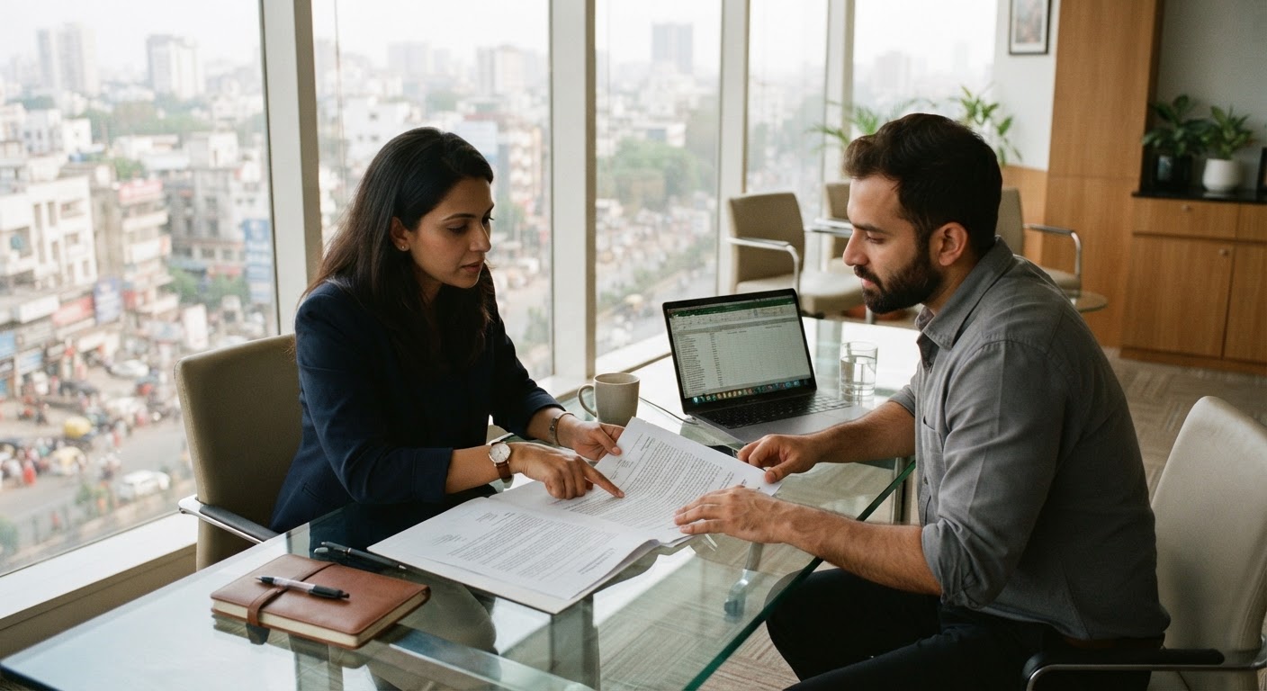 Two business partners discussing commercial property leases while reviewing contract documents in a bright boardroom