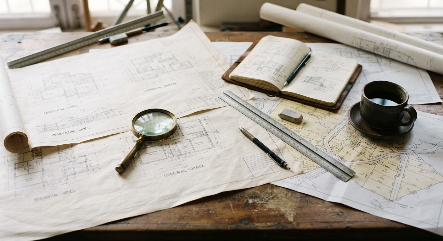 Surveyor reviewing residential property boundary maps and architectural site plans on a wooden desk