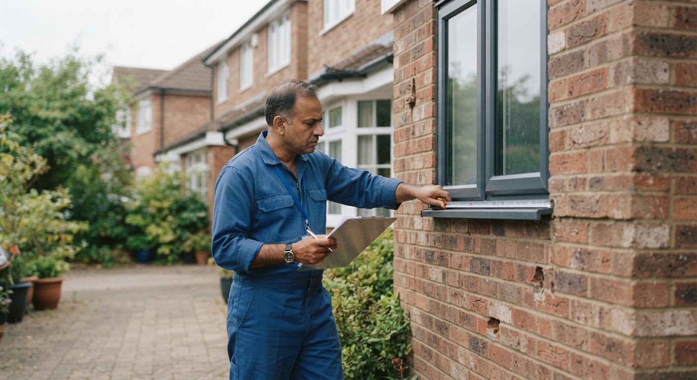 Property inspector examining exterior brickwork and foundations of a new suburban residential build
