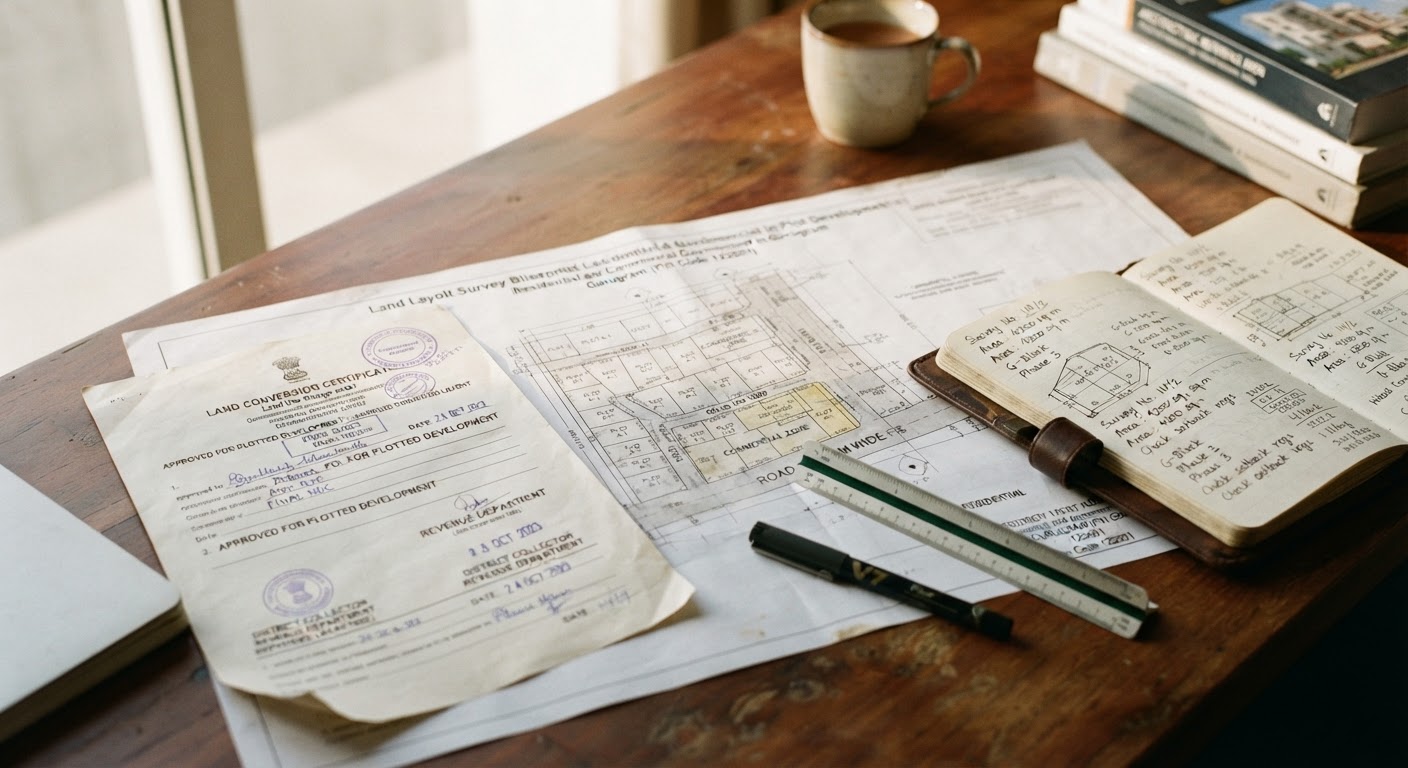 Architectural blueprints, land survey maps, and legal property documents arranged on a wooden office desk next to a steel measuring ruler.