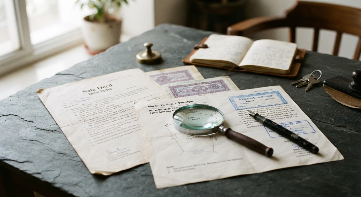 Close-up of a signed real estate title deed and encumbrance verification certificate on an office table.