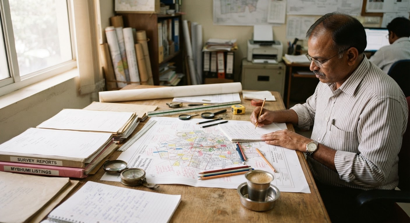 Property buyer examining layout plans and location maps at a bright desk workspace.