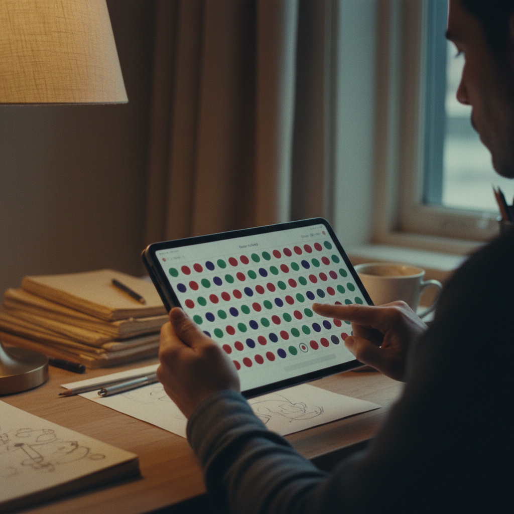 A person using a stylus on a tablet to track patterns in a grid-based gaming interface.